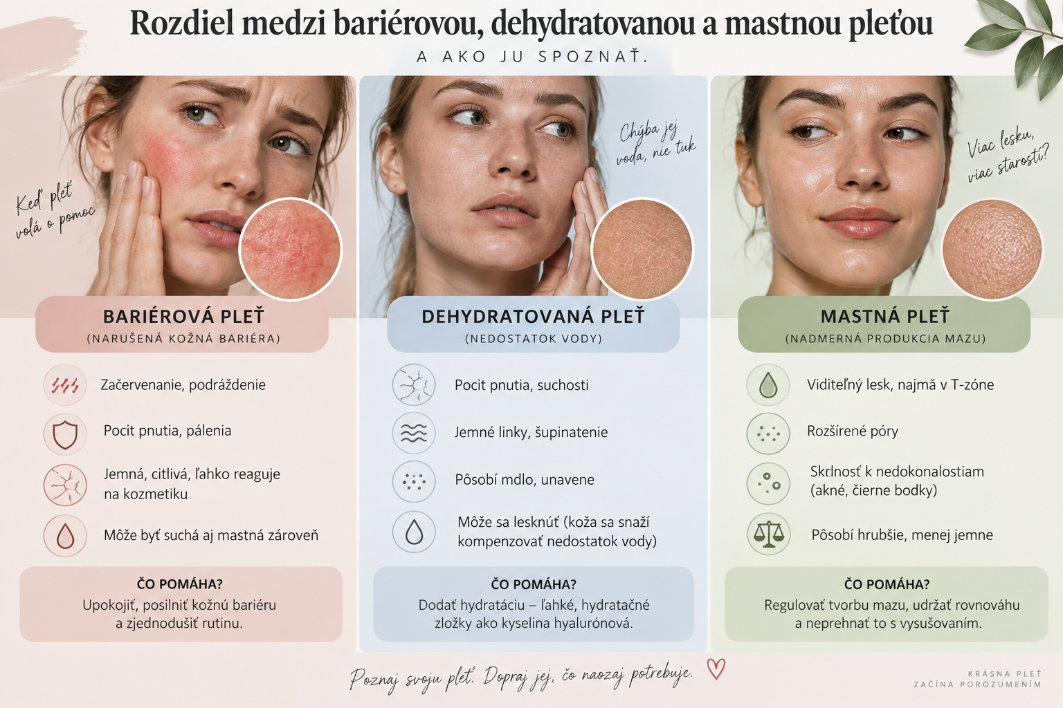 Porovnanie troch typov pleti na fotografiách ženy, s kruhovými výrezmi a textom o bariére, hydratácii a mastnote.