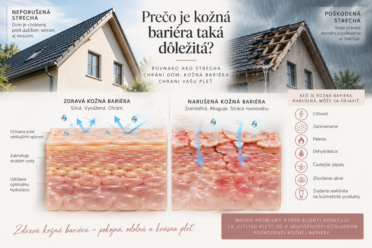 Porovnanie zdravej a poškodenej kožnej bariéry s domom pod dažďom a infografikou účinkov.