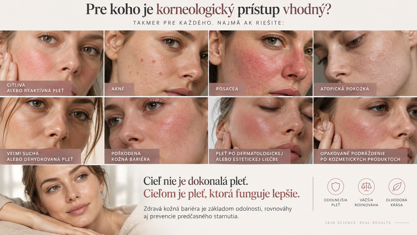 Koláž tvárí s rôznymi typmi pleti, texty „akné“, „rosacea“, „atopická pokožka“ a „odporúčania“ na pozadí.