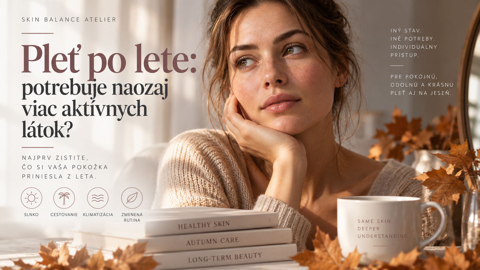 Žena s rukou pod bradou, jesenné lístie a šálka pri okne, text o starostlivosti o pleť.