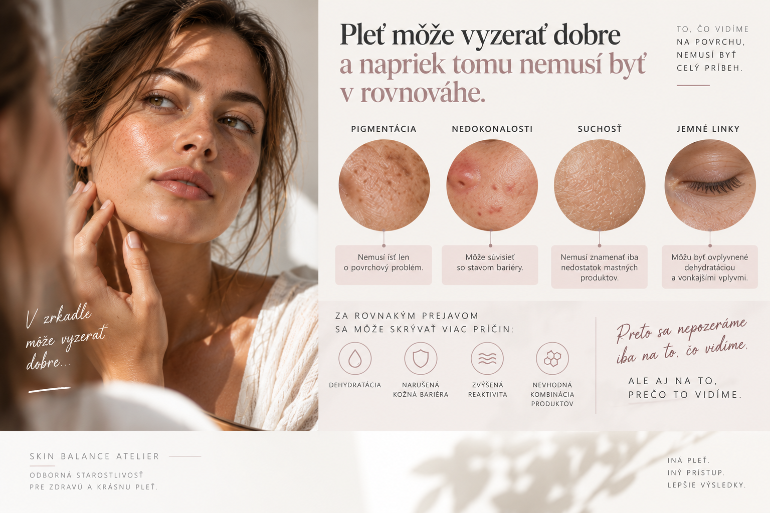 Portrét ženy s pleťou na pozadí, vedľa text a kruhové ilustrácie kožných problémov.