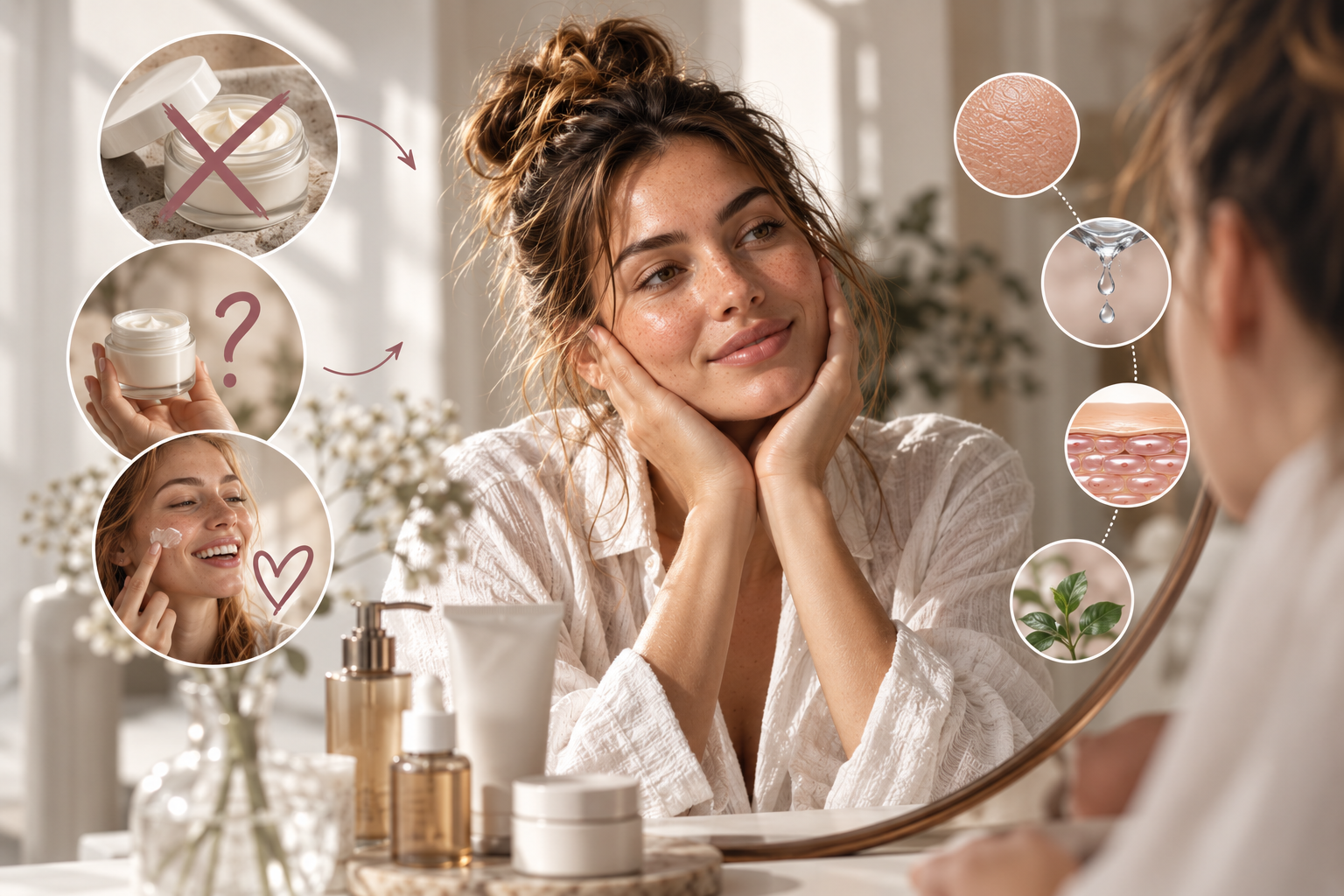 Žena v kúpeľni sa stará o pleť, zrkadlo, krém a ilustrácie hydratácie a exfoliácie.