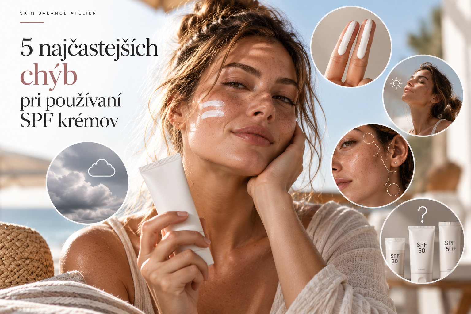 Žena na slnku drží SPF krém, okolo sú kruhové ilustrácie aplikácie a chýb pri používaní.
