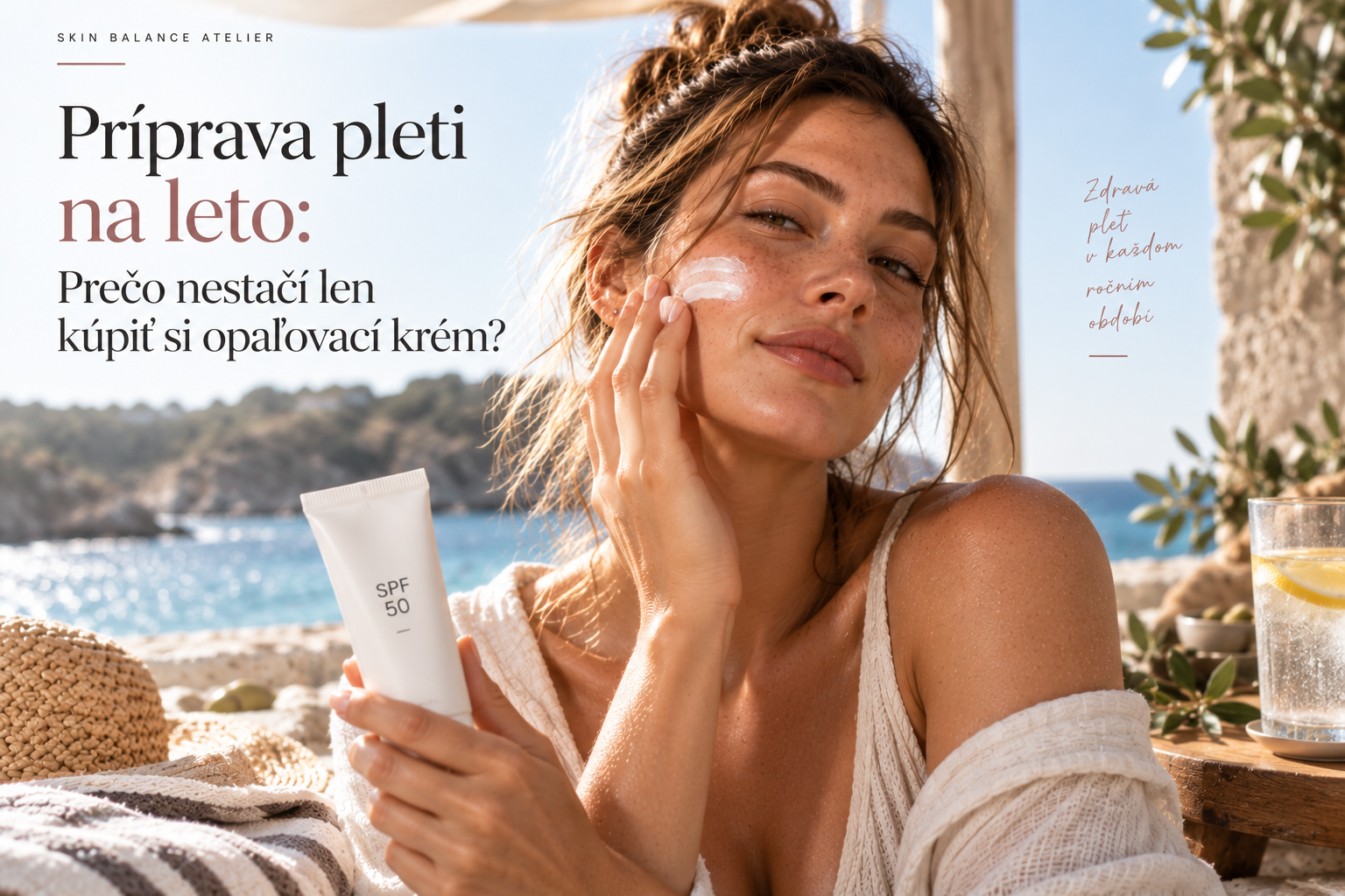 Žena pri mori nanáša krém SPF 50, drží tubu a usmieva sa na slnku.