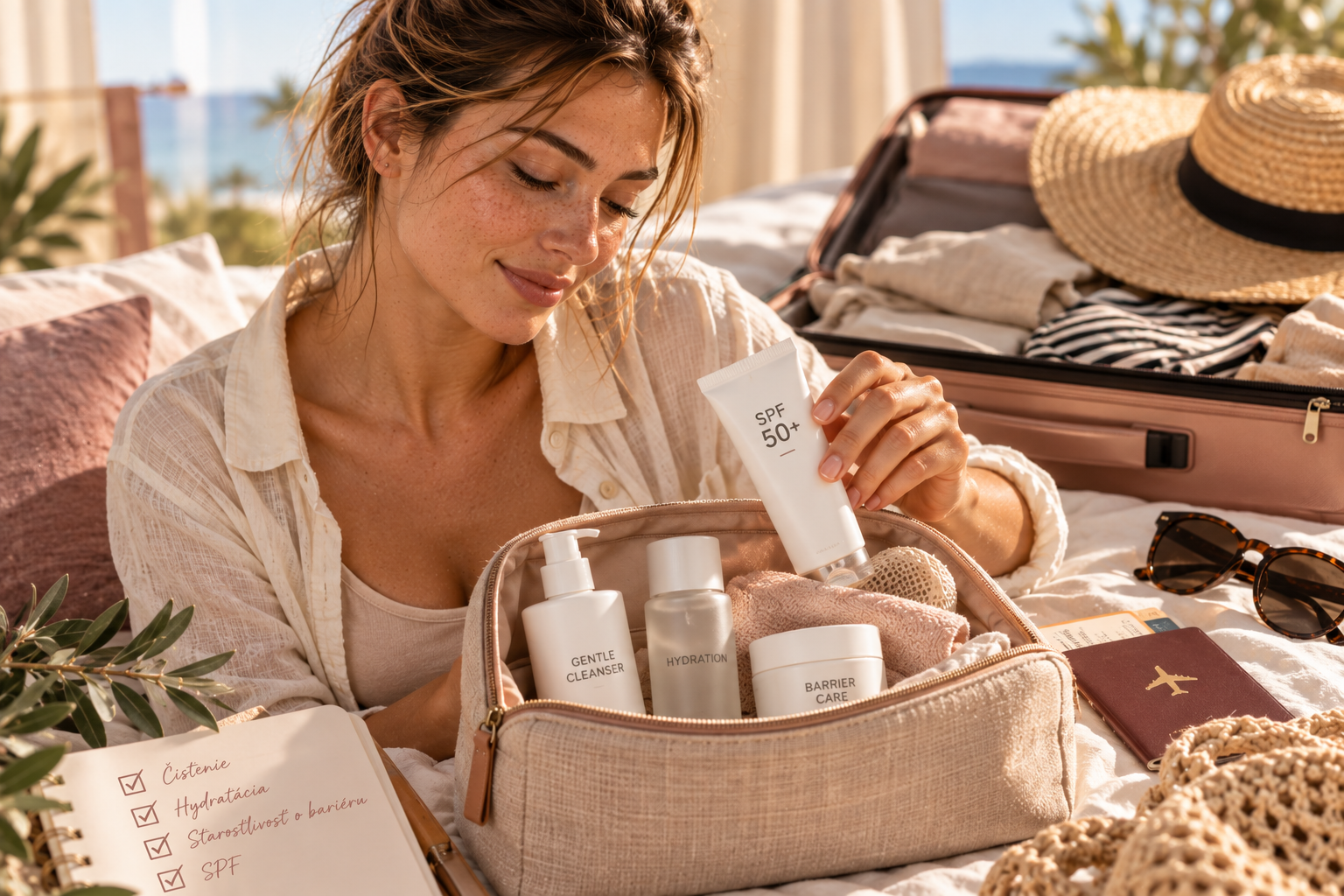 Žena na slnku drží krém SPF 50+ a v kozmetickej taštičke sú produkty starostlivosti.