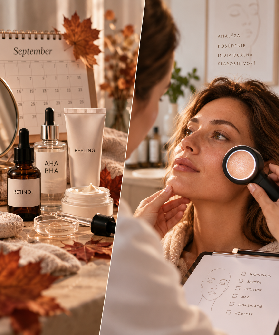 Žena sa líči pri zrkadle, vedľa kozmetiky s nápismi AHA BHA a retinol, jesenné lístie.