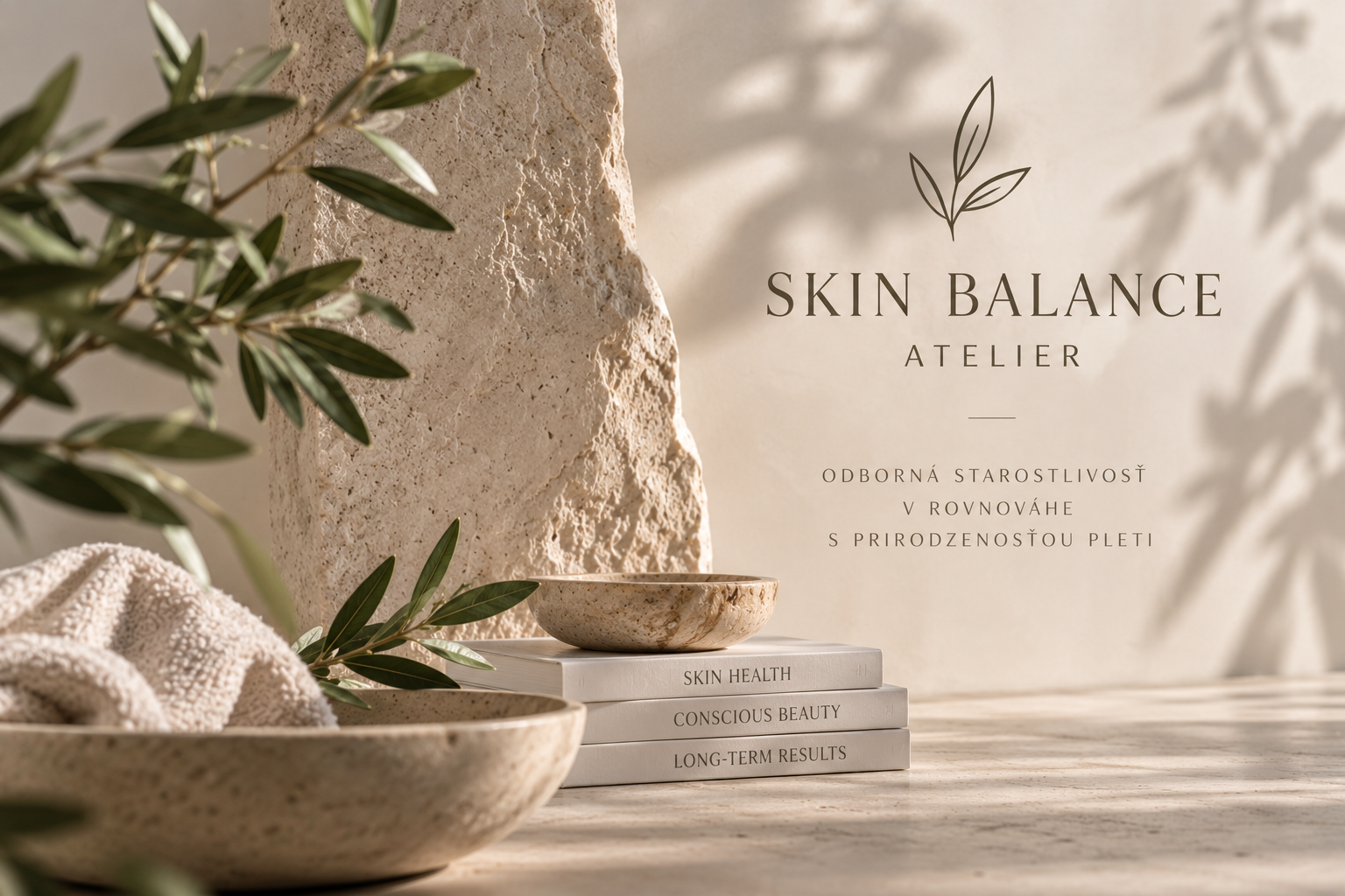 Olivové vetvičky pri kamennej maske, na podstavci misky a knihy s nápisom Skin Balance Atelier.